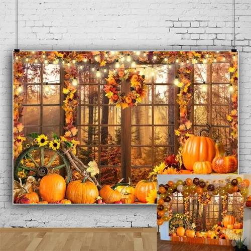 Miniatura 9 de Fondo de fotos de ventana de otoño de 7 x 5 pies, paisaje de bosque de otoño, hojas de arce, cosecha de calabaza, fondo de fotografía, tema