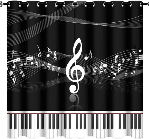 Miniatura 21 de Cortinas opacas de oscurecimiento de habitación con ojales, diseño rústico de símbolos musicales blancos y negros, tratamiento de ventana