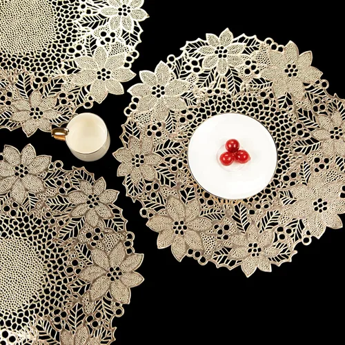 Miniatura 7 de Juego de 6 manteles individuales de vinilo prensado, hojas doradas redondas en flor, aptos para limpieza, 38 cm, antideslizantes, platos huecos