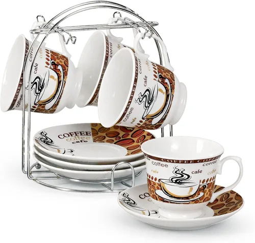WORLD GIFTS Elegante juego de tazas de té y platillo de porcelana duradero y colorido con soporte de metal, grano de café, 8 onzas, juego de 4