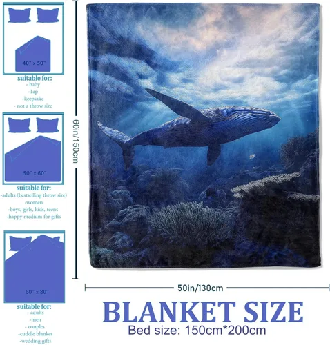Miniatura 2 de Manta subacuática de ballena de 40 x 50 pulgadas, mantas para amantes del océano para decoración de sofá y cama, franela de felpa de poliéster