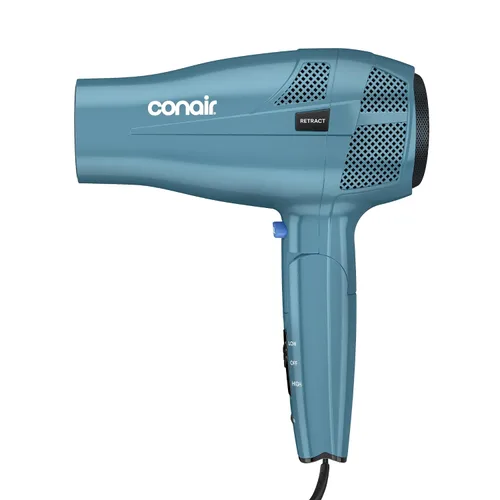 Secador de pelo iónico Conair de 1875 W con mango plegable y guardacables, Azul | Cable retráctil con mango plegable de doble voltaje de 1875 W,