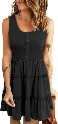 Dokotoo Vestidos de verano para mujer, sin mangas, con botones, cintura elástica, volantes, escalonados, casual, con vuelo, mini vestido