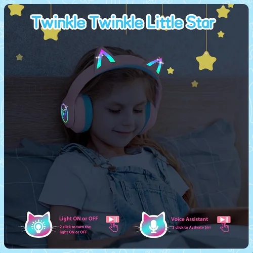 Miniatura 5 de LOBKIN Auriculares Bluetooth para Niños, Auriculares Inalámbricos Sobre la Oreja para Niños con Micrófono, 50H de Reproducción, Luces LED Coloridas