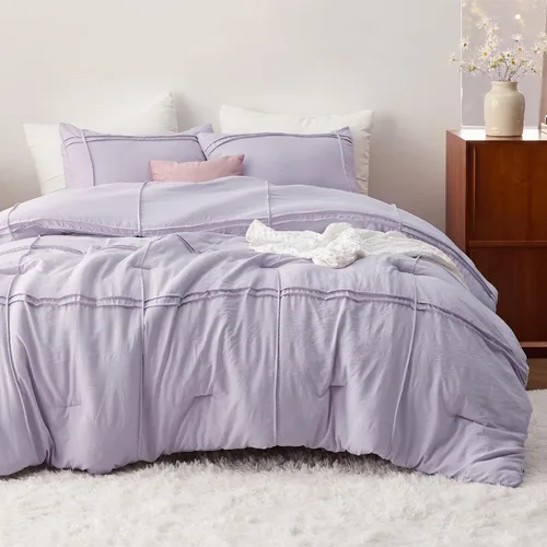 Miniatura 2 de Bedsure Juego de edredón individual con sábana, 3 piezas, suave ropa de cama color morado lavanda, plisado de rejilla, juego de cama ligero