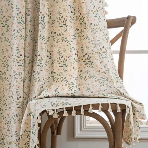 Cortinas florales de 63 pulgadas de largo para dormitorio, cortina de lino bohemio para sala de estar, patrón de flores vintage, bolsillo para