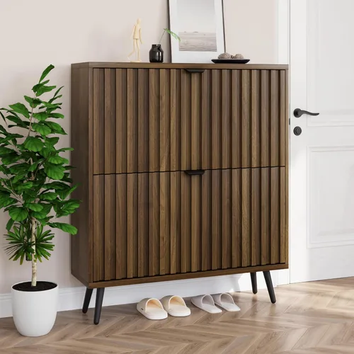 Miniatura 14 de Smuxee Armario de zapatos con 2 cajones abatibles, gabinete de almacenamiento de zapatos oculto natural de 23.6 pulgadas con diseño estriado