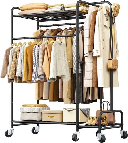 Miniatura 10 de Raybee Percheros para colgar ropa, perchero ajustable con ruedas bloqueables, estantes de almacenamiento, estante multifuncional para dormitorio