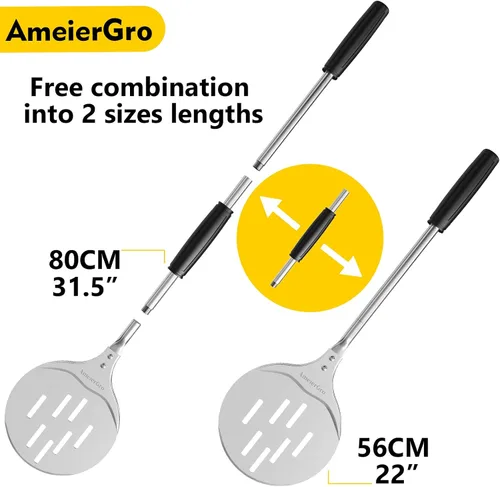 Miniatura 4 de Cáscara de torneado de pizza, espátula de pizza perforada de 7 pulgadas, espátula de pizza ajustable de mango largo, anodizado endurecido