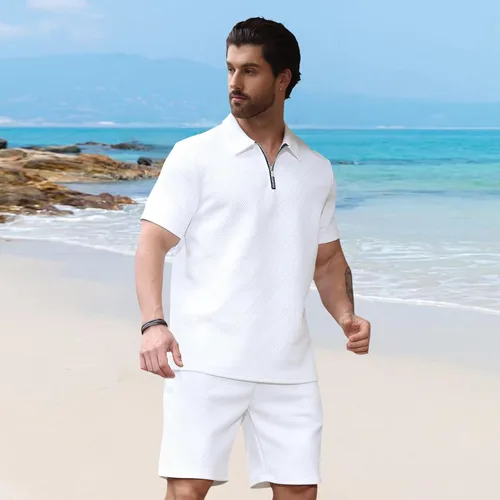 Miniatura 3 de Aulemen Conjunto deportivo de 2 piezas con cremallera para hombre, manga corta, camiseta polo y pantalones cortos, conjuntos de verano para hombre