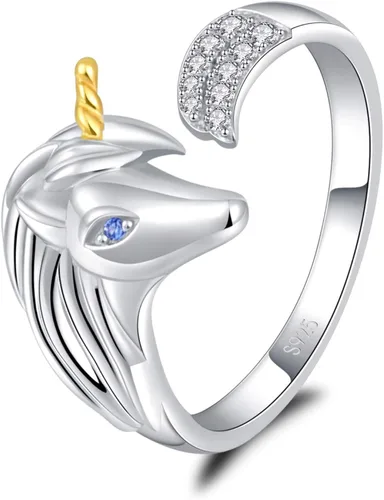 ACJNA Anillo de plata de ley 925 con diseño de unicornio, ajustable, regalo para adolescentes y mujeres, fiesta de unicornio, Metal, Circonita cúbica