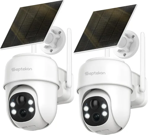 Septekon 2 paquetes de cámaras de seguridad PTZ 360° inalámbricas para exteriores, cámaras con batería solar 2K, cámara WiFi 2.4G con foco, Blanco