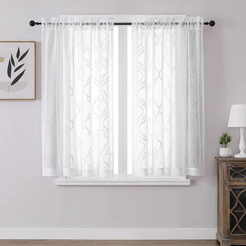 Miniatura 45 de VISIONTEX Cortinas traslúcidas blancas de 63 pulgadas de largo, juego de 2 paneles de bordado marroquí con puntos beige, tela de gasa bordada