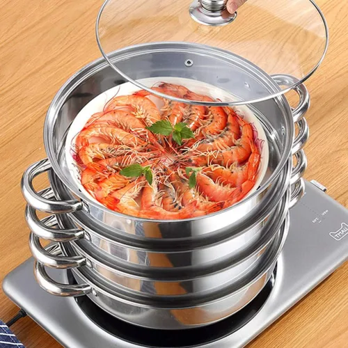 Miniatura 5 de Olla de acero inoxidable para albóndigas vegetales, olla de vapor multifuncional de 4 niveles para cocinar, diámetro de 11.0 in, juego de brillo