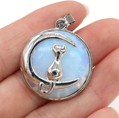 Miniatura 4 de LE SKY 10 colgantes de piedra natural de forma redonda, piedra de cristal mixta, aleación de gato, patrón para hacer joyas y collares