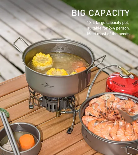 Miniatura 9 de iBasingo Juego de olla de vapor de titanio de 1.8 L y sartén para freír olla ultraligera portátil para acampar al aire libre mochilero cocina hogar