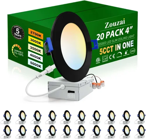 zouzai - Paquete de 20 luces de techo empotrables LED ultradelgadas de 10 cm, caja de conexiones, 5CCT, intensidad regulable, luz descendente de