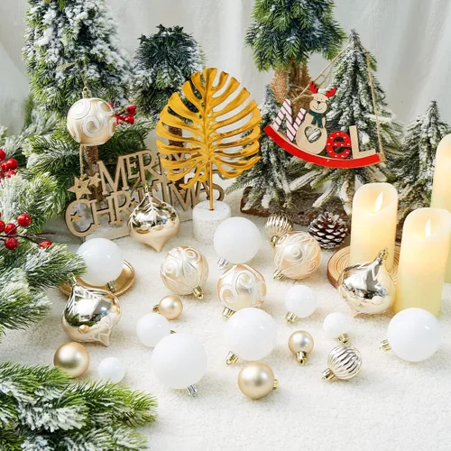 Miniatura 5 de Juego de adornos de bolas de Navidad surtidas de 100 unidades, decoración de árbol de Navidad de temporada inastillable con paquete de regalo Dorado