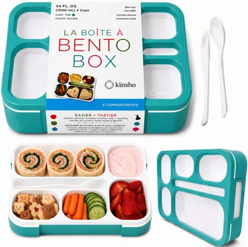 Miniatura 20 de Contenedor de lonchera Bento-Box para niños, niñas, mujeres, kit de 6 compartimentos para porciones escolares, cajas de comida o aperitivos para Rosa