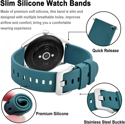 Miniatura 44 de BISONSTRAP Correas de reloj de silicona, correas de reloj delgadas con liberación rápida, 0.787 in, negro con hebilla negra