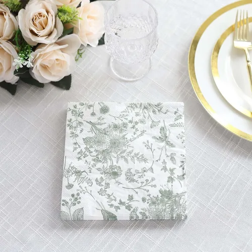 Miniatura 4 de Efavormart - Paquete de 20 servilletas de papel con estampado floral blanco y verde salvia, altamente absorbentes, suaves, de 2 capas, desechables