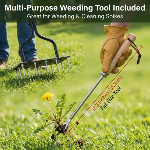 Miniatura 4 de Aireador de césped con 15 picos más gruesos, aireador manual de césped para el cuidado del patio, incluye 3 picos de repuesto, mango en forma de U