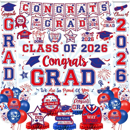 Miniatura 15 de Decoraciones de graduación 2026, juego de decoraciones de graduación rojo y negro con pancarta y telón de fondo de felicitaciones, letrero