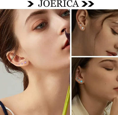 Miniatura 4 de JOERICA 12 pares de aretes tipo dormilona de acero inoxidable de 0.71 oz con circonita cúbica para mujeres y hombres, para cartílago, hélice, 0.079