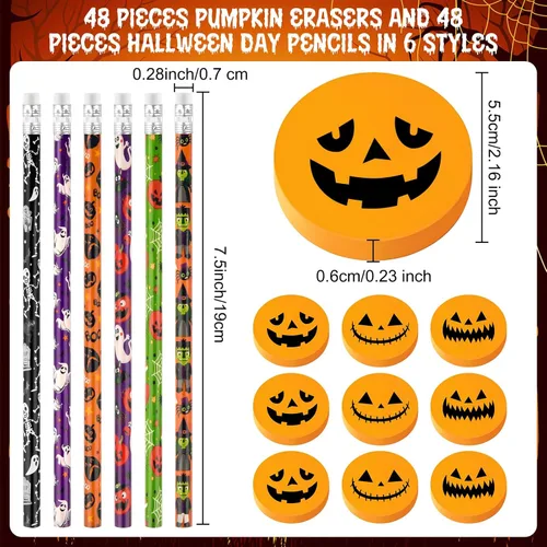 Miniatura 2 de Zuazaor 48 lápices de Halloween con 48 piezas de borradores de calabaza 3D a granel para estudiantes, bolsas de regalo, regalos de oficina, escuela