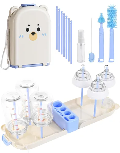 Miniatura 10 de Kit limpiador de botellas de viaje, 7 en 1, juego de cepillos de silicona esenciales de viaje para bebés, pezón, estante de secado, limpieza de Verde