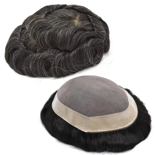 Miniatura 24 de Peluca de cabello humano monofilamento fino para hombre tipo tupé de polietileno alrededor del sistema de cabello, peluca duradera de monofilamento