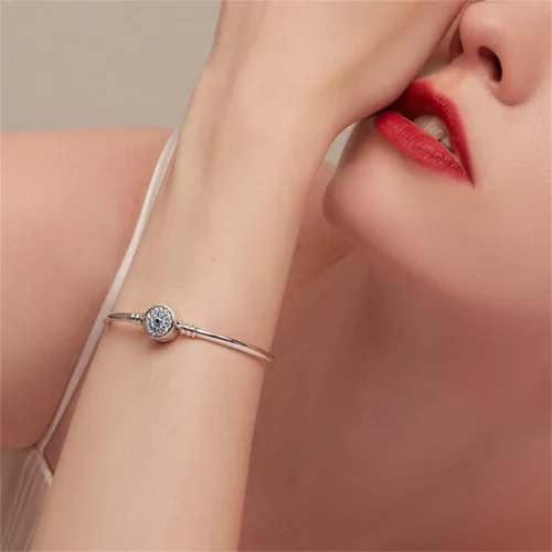 Miniatura 3 de BISAER Pulsera de plata de ley con cierre de dije para abalorios con piedras preciosas de zafiro, tapón de bloqueo de clip de ojo malvado