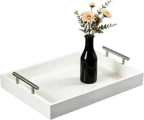 Bandeja para servir de 16.5 x 13 pulgadas, bandeja otomana de madera de lujo, mesa auxiliar con asas de metal plateado pulido, 4 posavasos redondos
