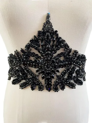Apliques de encaje hechos a mano con diamantes de imitación para coser en cuentas y lentejuelas, accesorios para vestido, ropa, cintura (Negro)