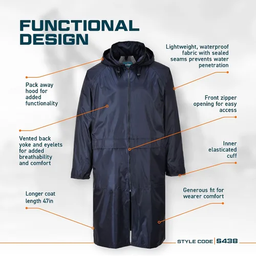 Miniatura 4 de Portwest S438 - Chubasquero largo para hombre, ligero, impermeable, clásico