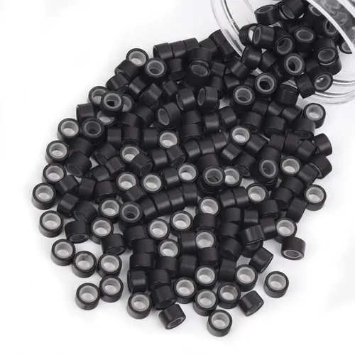 Miniatura 12 de Vlasy 100 Piezas Cuentas de Nano Anillo con Forro de Silicona para Extensiones de Cabello Humano con Nano Anillo 5 Colores Opcionales (Negro)
