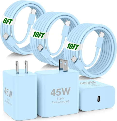 Miniatura 21 de USB C de carga súper rápida de 65 W para iPhone 17 16 Pro Max, bloque de carga USB C de 3 puertos de 100 W y cable trenzado tipo C de 3/6/6/10 pies