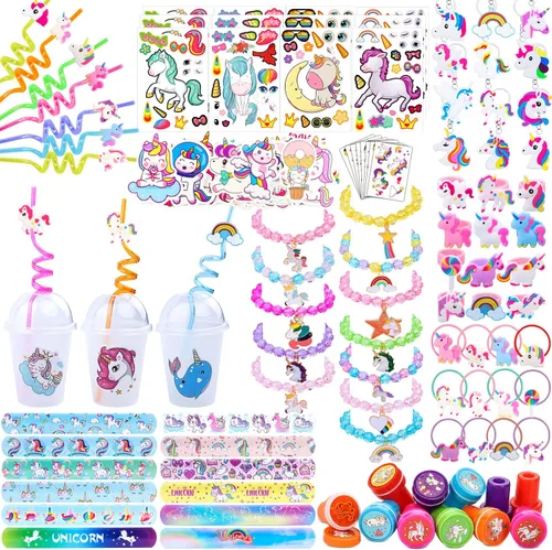 220 piezas de regalos de fiesta de unicornio para niños, decoración temática de unicornio para fiesta de cumpleaños con pulseras y tatuajes para