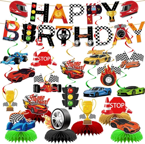 Decoraciones de fiesta de autos de carreras, carteles de feliz cumpleaños, remolinos colgantes con temática de panal de abejas para autos,