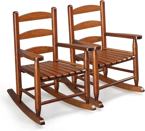 Miniatura 9 de JOYMOR Silla mecedora de madera para exteriores para niños con respaldo alto, balancín para niños resistente al clima, silla mecedora de patio