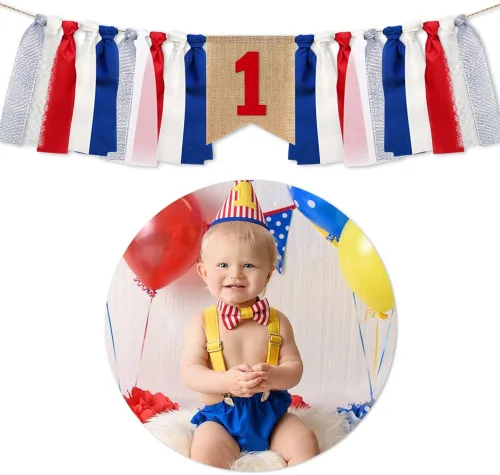 Miniatura 3 de Decoración de cumpleaños de bebé para primer cumpleaños, para silla de bebé, Día de la Independencia, decoraciones patrióticas, pancarta de Azul