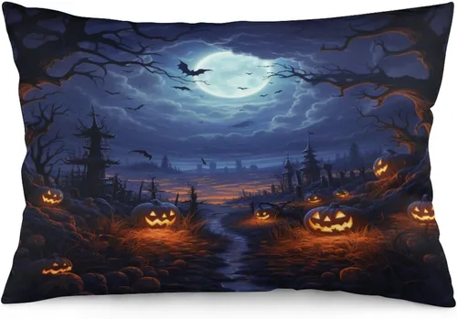 Miniatura 14 de Fundas de almohada frescas de casa embrujada, castillo, luna, bosque medieval, calabaza, fundas de almohada rectangulares con cremallera invisible