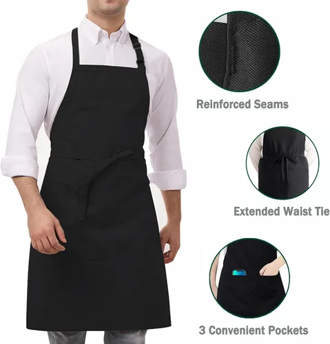 Miniatura 5 de Paquete de 3 delantales de chef negros y blancos, delantal de cocina ajustable con 3 bolsillos para hombres y mujeres, camarera (polialgodón)