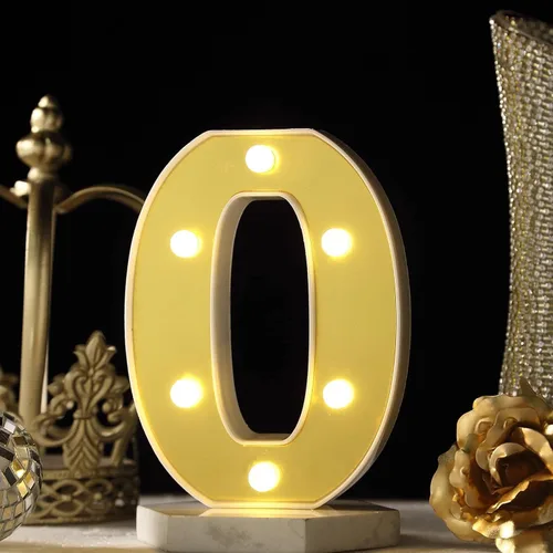 Efavormart - Letrero 3D con luz LED de 6 pulgadas, color dorado con número 0, espejo frontal blanco cálido, funciona con pilas, brillo 72H para