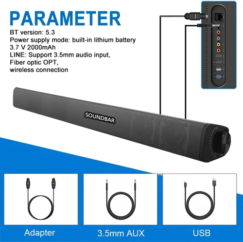 Miniatura 2 de Barra de sonido portátil para TV/PC, exterior/interior con cable e inalámbrico Bluetooth 5.0 altavoz con control remoto y cable óptico, barra