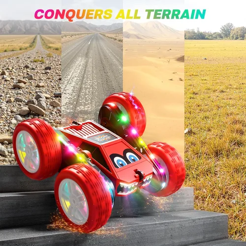 Miniatura 5 de WayEee Coche de control remoto, 360° voltea RC Stunt Car con tiras de luces LED, batería modular de carga tipo C, 2.4 GHZ de doble cara de alta Rojo