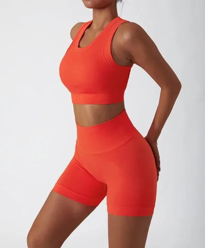 Miniatura 10 de Conjuntos de entrenamiento para mujer, 2 piezas, sin costuras, acanalada, sin mangas, brasier deportivo, cintura alta, pantalones cortos