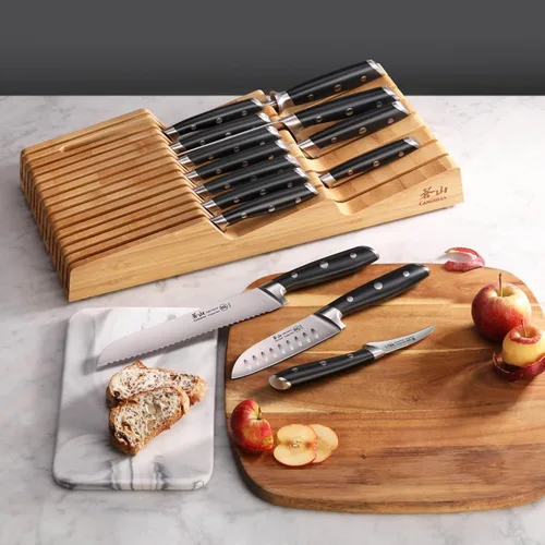 Miniatura 7 de Cangshan ALPS Series 502810 juego de 15 cuchillos forjados de acero alemán con bandeja de bambú, para cajón, (negro)
