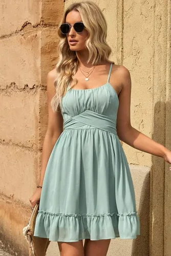 Miniatura 5 de Dokotoo Vestidos de tirantes delgados para mujer, cuello redondo, lazo, sin mangas, cintura elástica, dobladillo con volantes, acampanado, casual