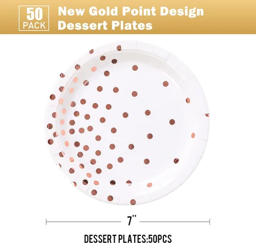 Miniatura 2 de Suministros de fiesta en blanco y oro rosa, platos de postre de papel con puntos dorados (50 unidades)